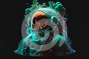 Astronaut floating in the deep space with iridescent fluid of ink