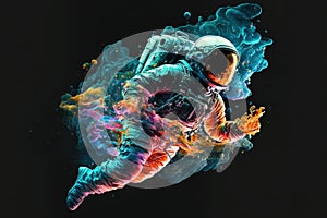 Astronaut floating in the deep space with iridescent fluid of ink