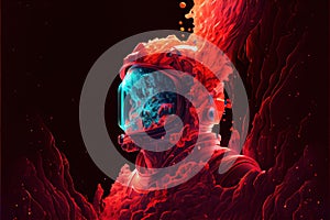Astronaut floating in the deep space with red fluid of ink