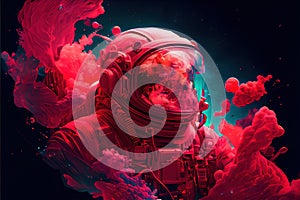 Astronaut floating in the deep space with red fluid of ink