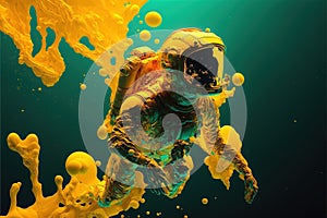 Astronaut floating in the deep space with yellow fluid of ink