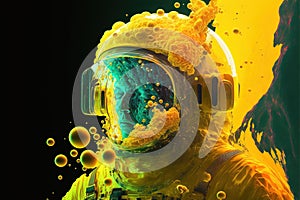 Astronaut floating in the deep space with yellow fluid of ink