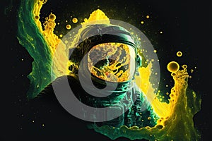 Astronaut floating in the deep space with yellow fluid of ink