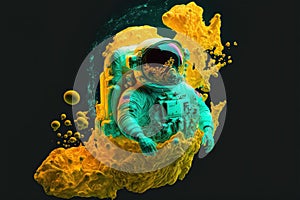 Astronaut floating in the deep space with yellow fluid of ink