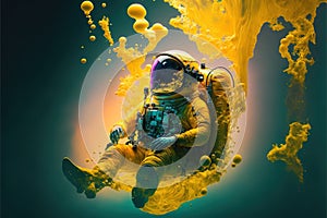 Astronaut floating in the deep space with yellow fluid of ink