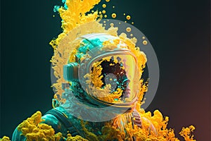 Astronaut floating in the deep space with yellow fluid of ink