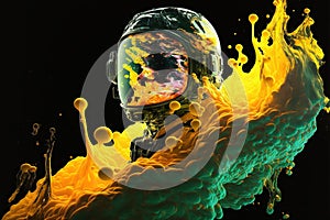 Astronaut floating in the deep space with yellow fluid of ink