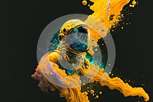 Astronaut floating in the deep space with yellow fluid of ink
