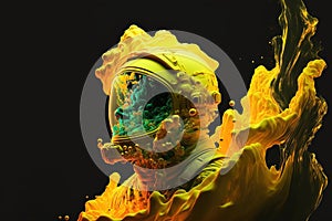 Astronaut floating in the deep space with yellow fluid of ink