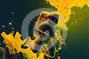 Astronaut floating in the deep space with yellow fluid of ink