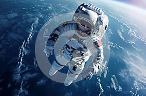 Astronaut floating in Earth& x27;s orbit