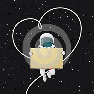 Astronaut floating and holding a sign with his tether outlining the shape of a heart. Space with stars in the background. Romantic