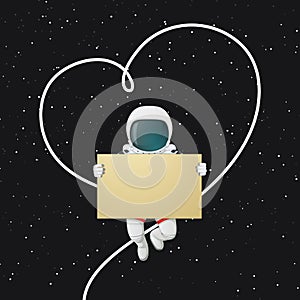 Astronaut floating and holding a sign with his tether outlining the shape of a heart. Space with stars in the background. Romantic photo