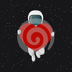 Astronaut floating and holding a sign in the shape of a heart. Space with stars in the background. Romantic Valentine day vector
