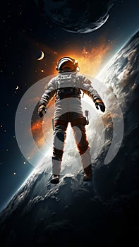 An astronaut floating near the lunar surface with a detailed view of the Moon. Fantasy futuristic concept