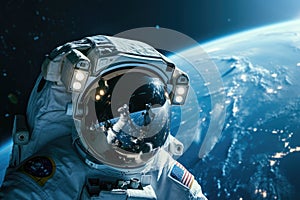 Astronaut Floating in Outer Space With Earth Background, A detailed view of an astronaut\'s helmet as they stand