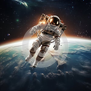 Astronaut floating in space with earth in the background,