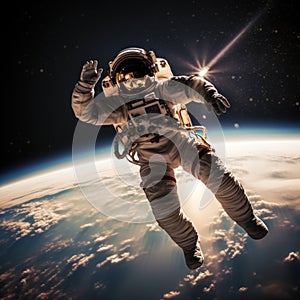 Astronaut floating in space with earth in the background,