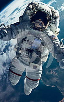 An astronaut floating in space, the Earth globe in the background