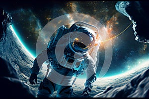 Astronaut floating in the space with galaxy and planet in background. Generative ai illustration