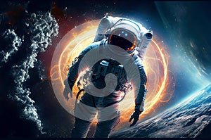 Astronaut floating in the space with galaxy and planet in background. Generative ai illustration