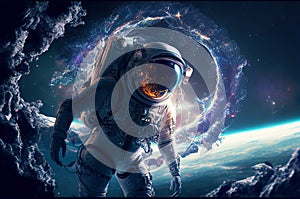 Astronaut floating in the space with galaxy and planet in background. Generative ai illustration