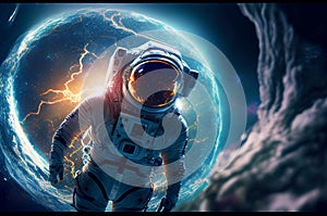 Astronaut floating in the space with galaxy and planet in background. Generative ai illustration