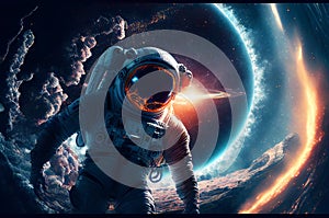 Astronaut floating in the space with galaxy and planet in background. Generative ai illustration