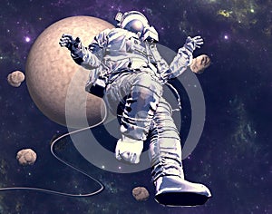 Astronaut floating in space. New worlds and unexplored galaxies. Asteroids and planet photo