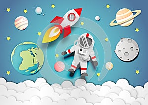 Astronaut floating in the stratosphere and rocket or spaceship in space background vector