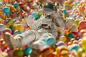 An astronaut floating in surreal candy universe full of colorful sweets