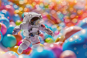An astronaut floating in surreal universe full of colorful candies