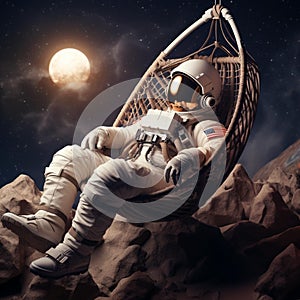 Astronaut floating in a swing chair in front of a beautiful starry night sky, AI-generated. photo