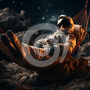 Astronaut floating in a swing chair in front of a beautiful starry night sky, AI-generated. photo