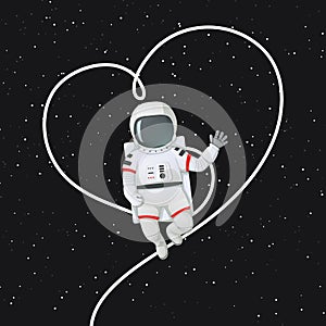 Astronaut floating and waving a hand with his tether outlining the shape of a heart