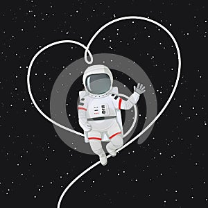 Astronaut floating and waving a hand with his tether outlining the shape of a heart photo