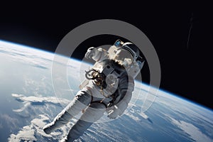 astronaut, floating weightlessly in space, with view of distant planet visible in the background