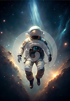 An astronaut floating weightlessly in the vastness of space, surrounded by a backdrop of glittering stars and distant galaxies