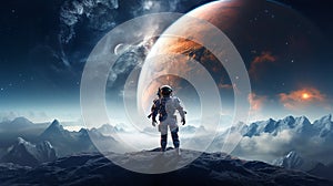 An astronaut floats in the atmosphere near a planet. Generative AI