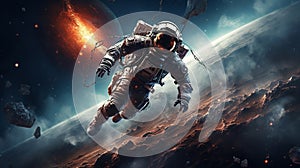 An astronaut floats in the atmosphere near a planet. generative ai