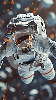 An astronaut floats in vastness of space, his helmet glows with reflected light of distant stars and galaxies