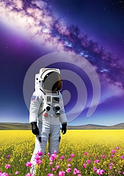 Astronaut in a flowering meadow. The path of the milky way