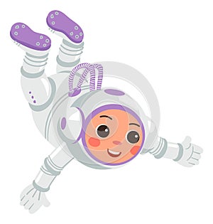 Astronaut flying. Kid in space suit. Cartoon character