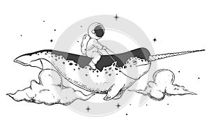 astronaut flying on narwhal