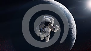 Astronaut is flying in outer space on big Moon background. Elements of this image furnished by NASA