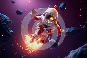 Astronaut flying in outer space. Mixed media. Mixed media, 3d render spaceman astronaut flying with rocket 3d illustration design