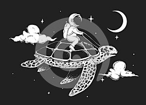 astronaut flying on a turtle at the night