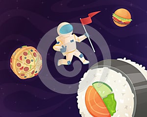 Astronaut on food planet. Fantasy space world with candy fast food burger pizza and various sweets stars fantastic sky