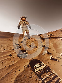 Astronaut footprints on the sandy soil of Mars