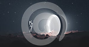 Astronaut on foreign planet in front of spacetime portal light photo